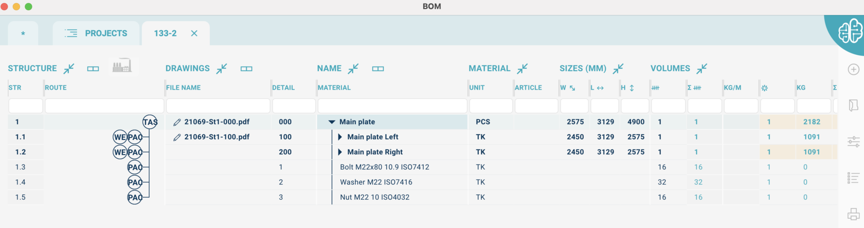 BIll of materials main view of Eziil