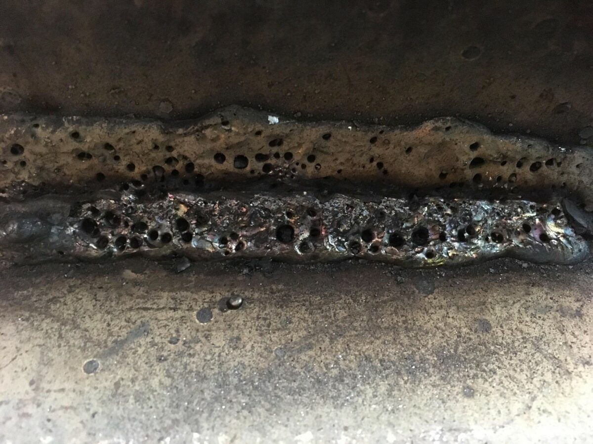 Sample of welding defect, porosity occurs result of gas becoming trapped in the weld metal.