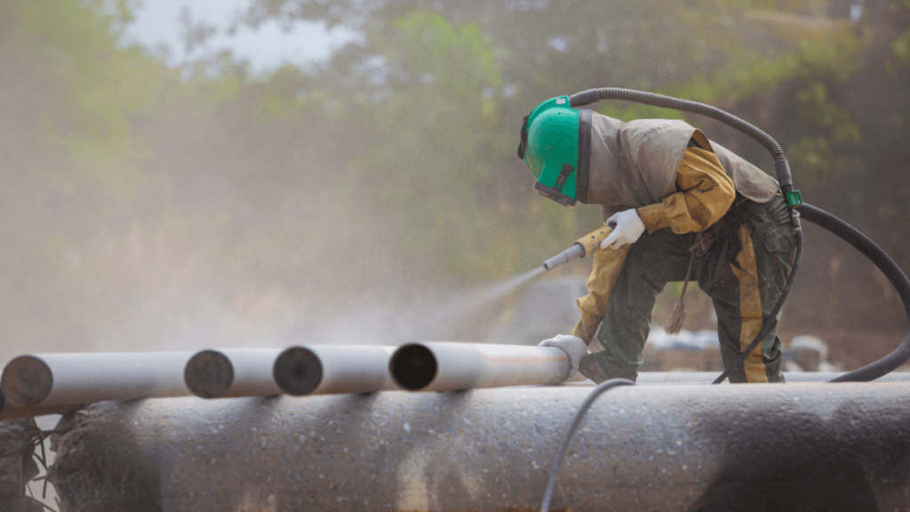 worker sand blasting pipes