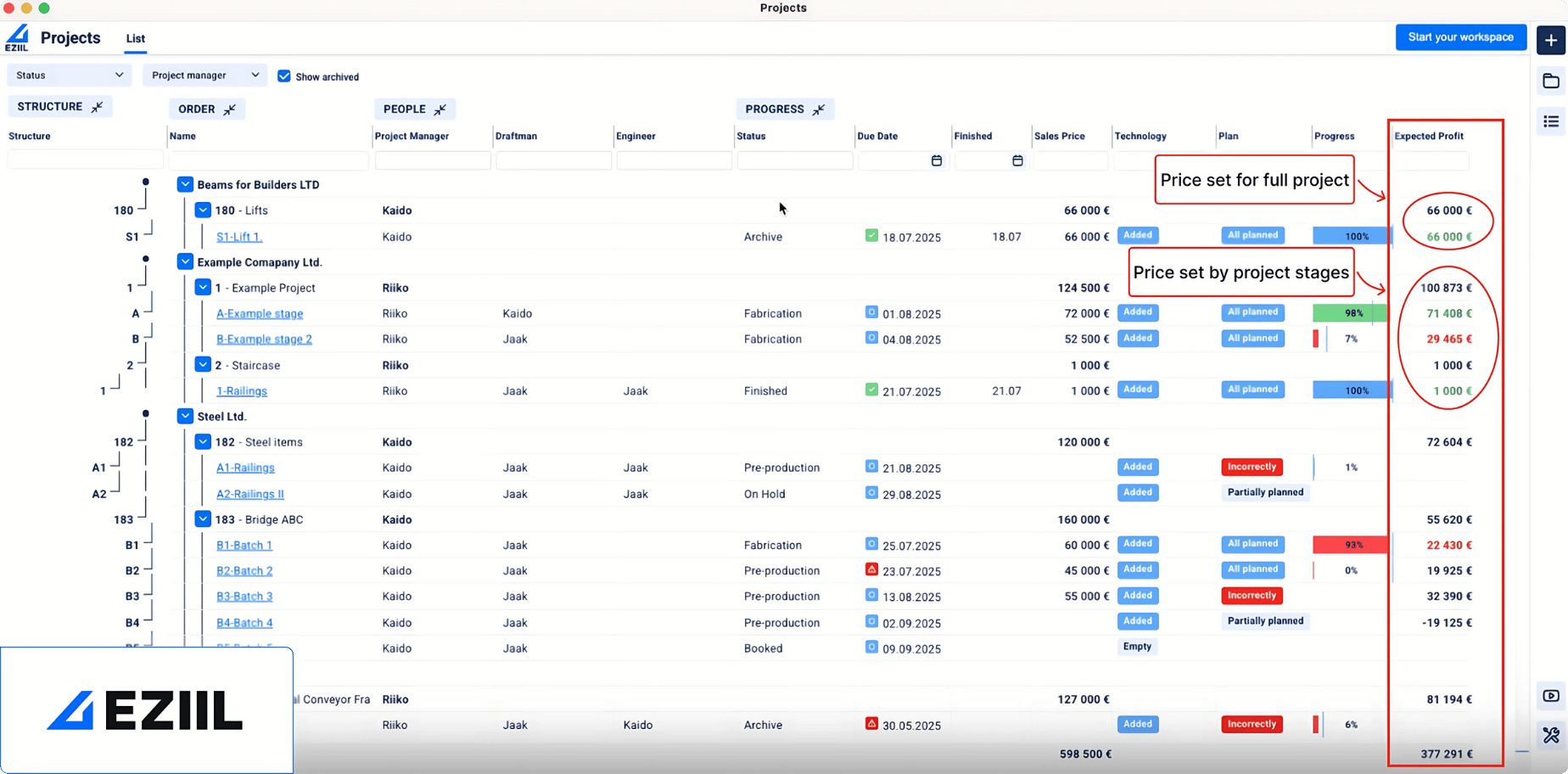 Eziil steel projects dashboard Profit Overview and Forecasting