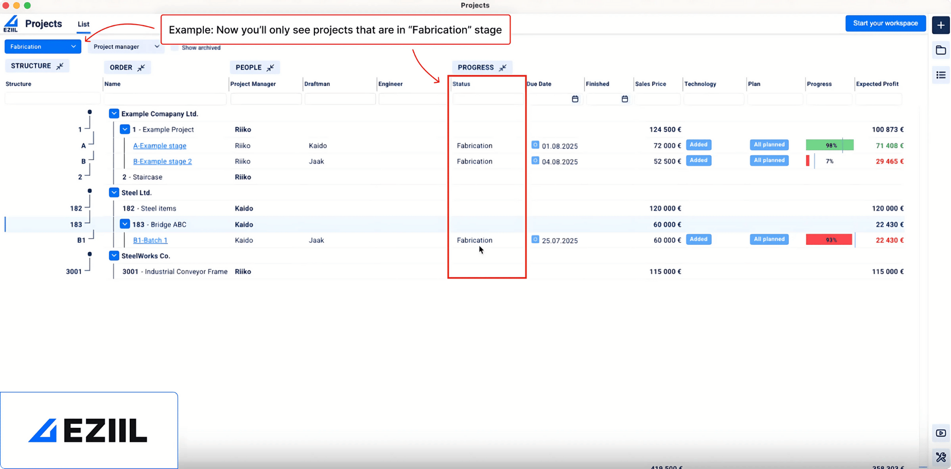Eziil steel projects dashboard filtering fabrication applied