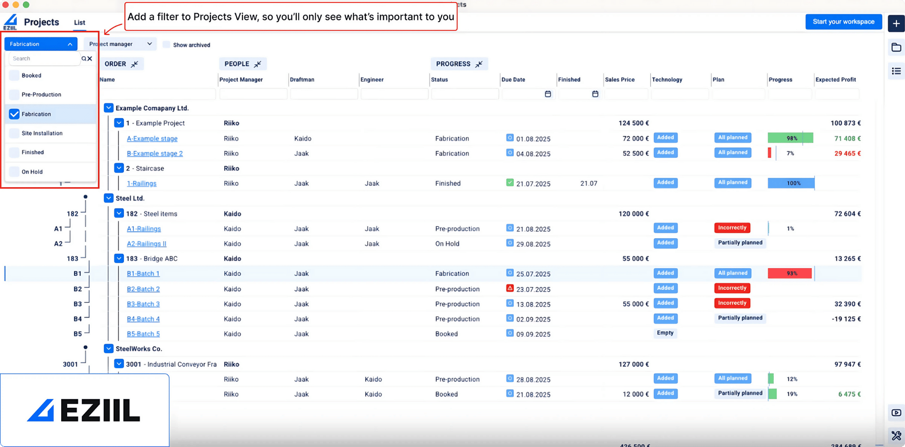 Eziil steel projects dashboard filtering