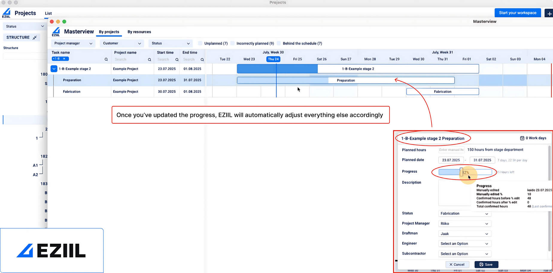 Eziil steel projects progress and hours logges manual override timeline updated