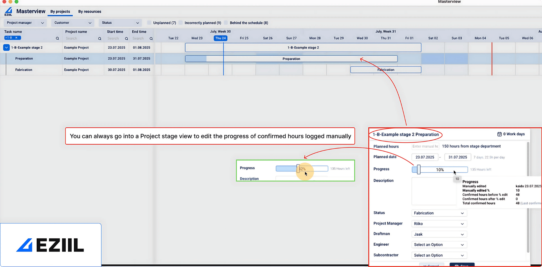 Eziil steel projects progress and hours logges manual override