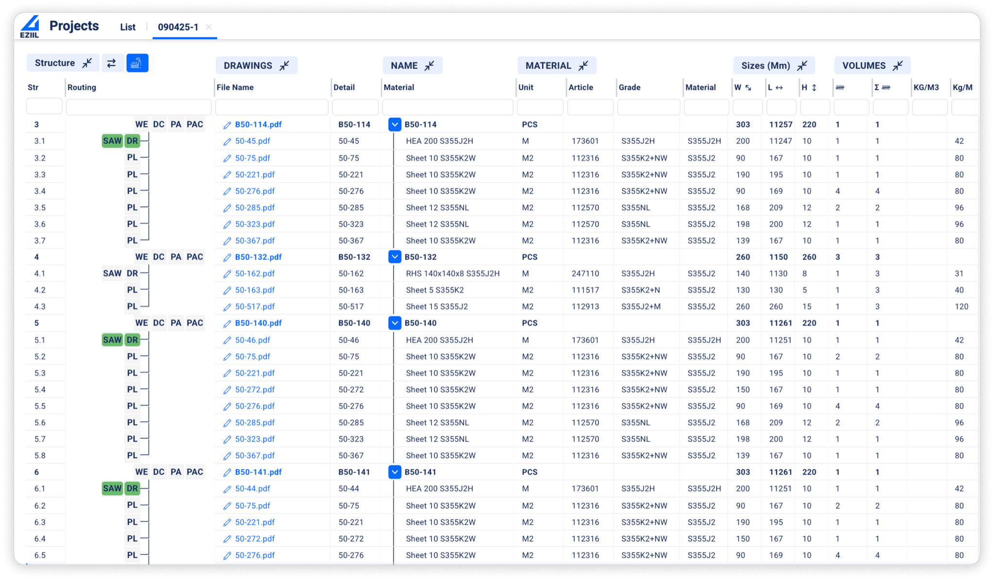 EZIIL multi-level BOM and engineering view for steel fabrication