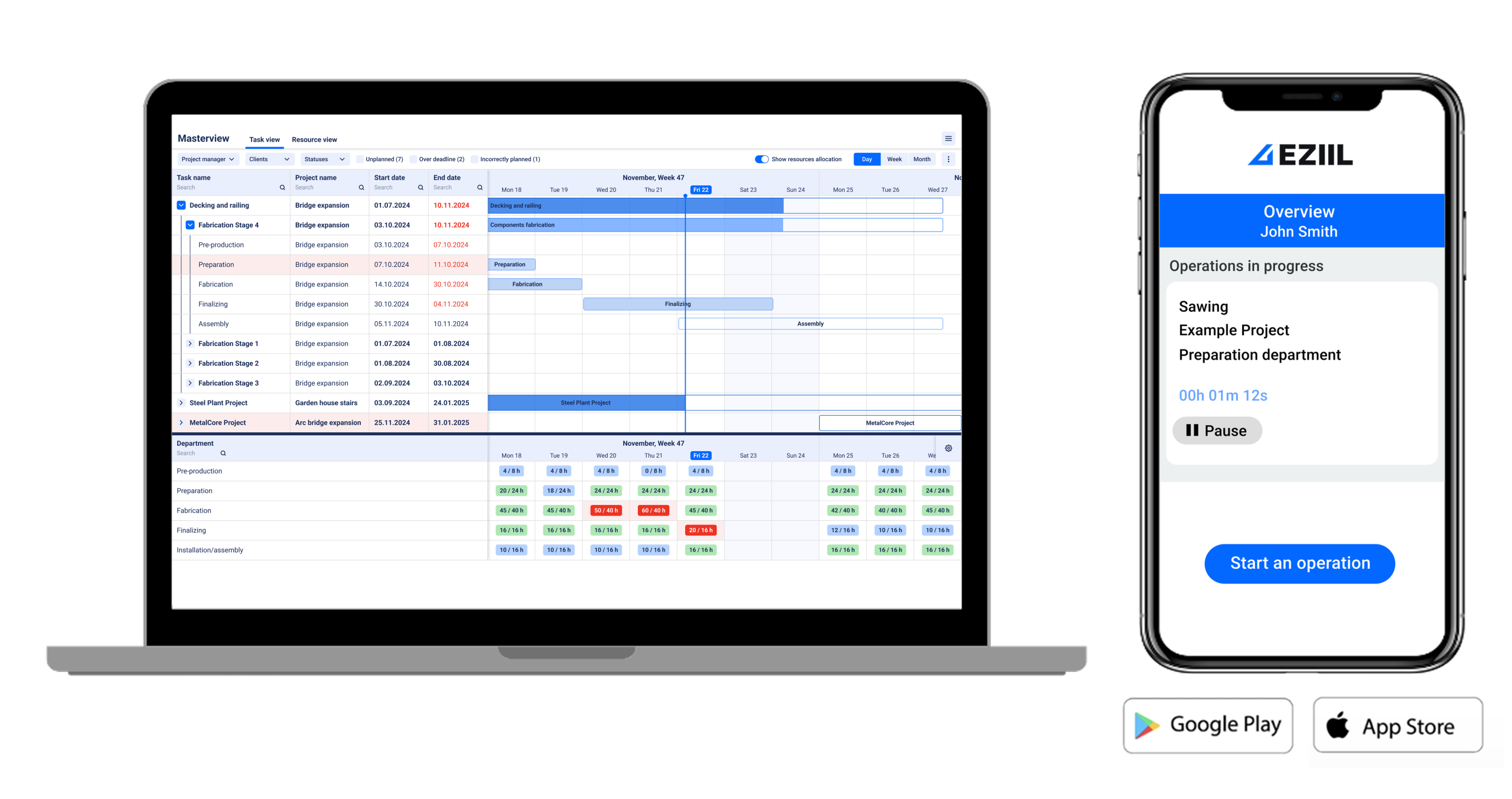 EZIIL production tracking software Master View showing real-time status of multiple steel fabrication projects