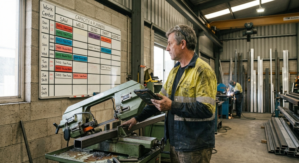 Custom steel fabrication foreman reviewing production capacity planning on the shop floor