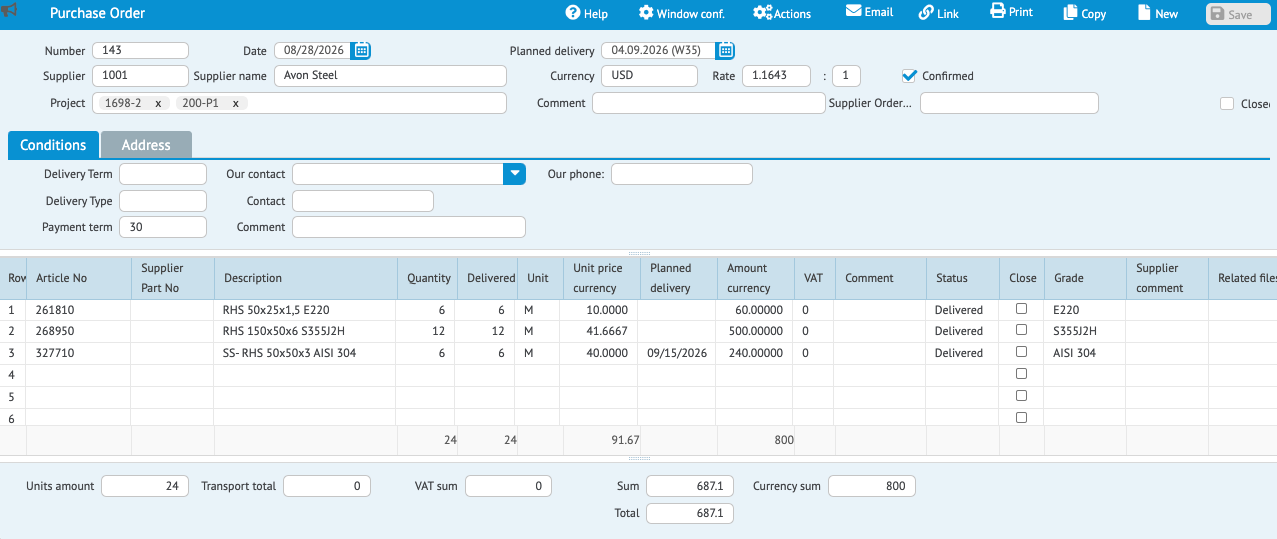 Managing purchase orders in EZIIL