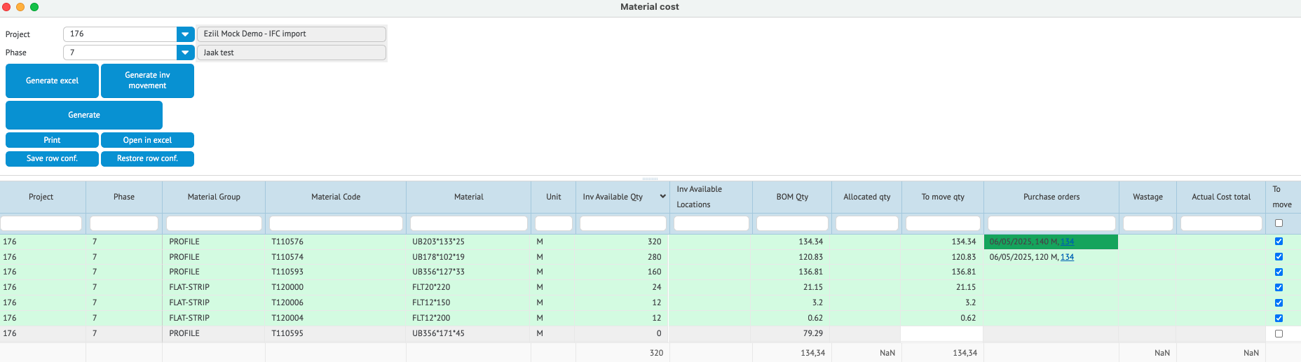 Material Cost in EZIIL