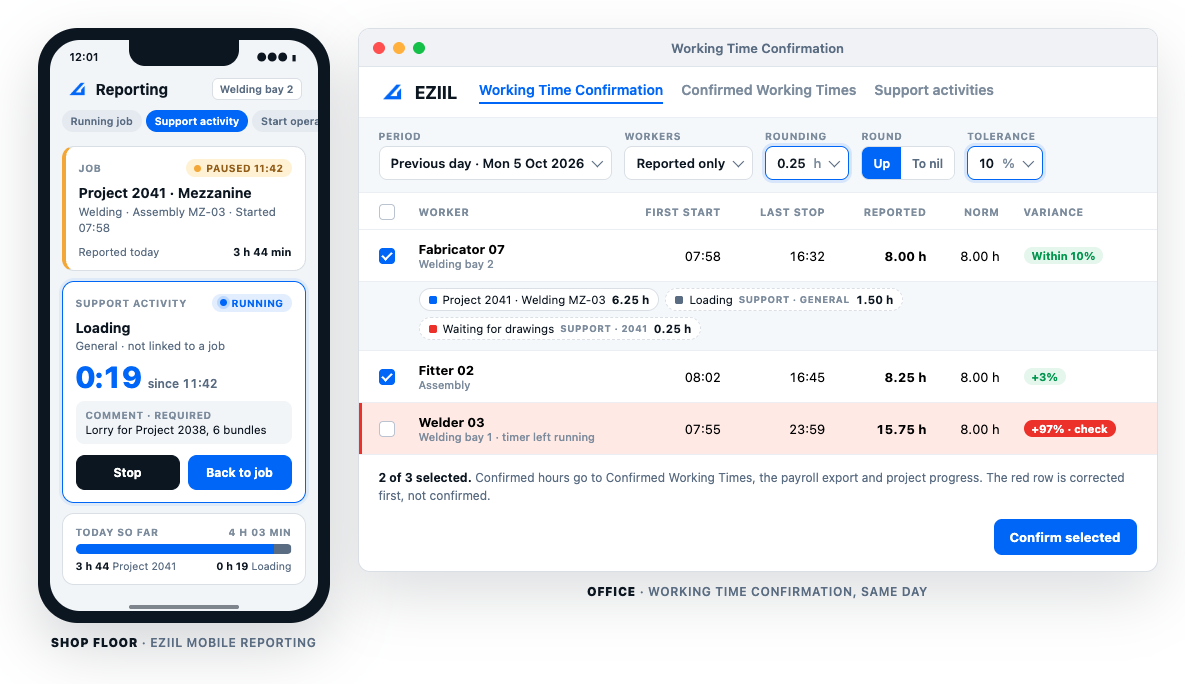 EZIIL shop floor app recording a support activity next to the office screen that confirms the day's working hours for job costing and payroll