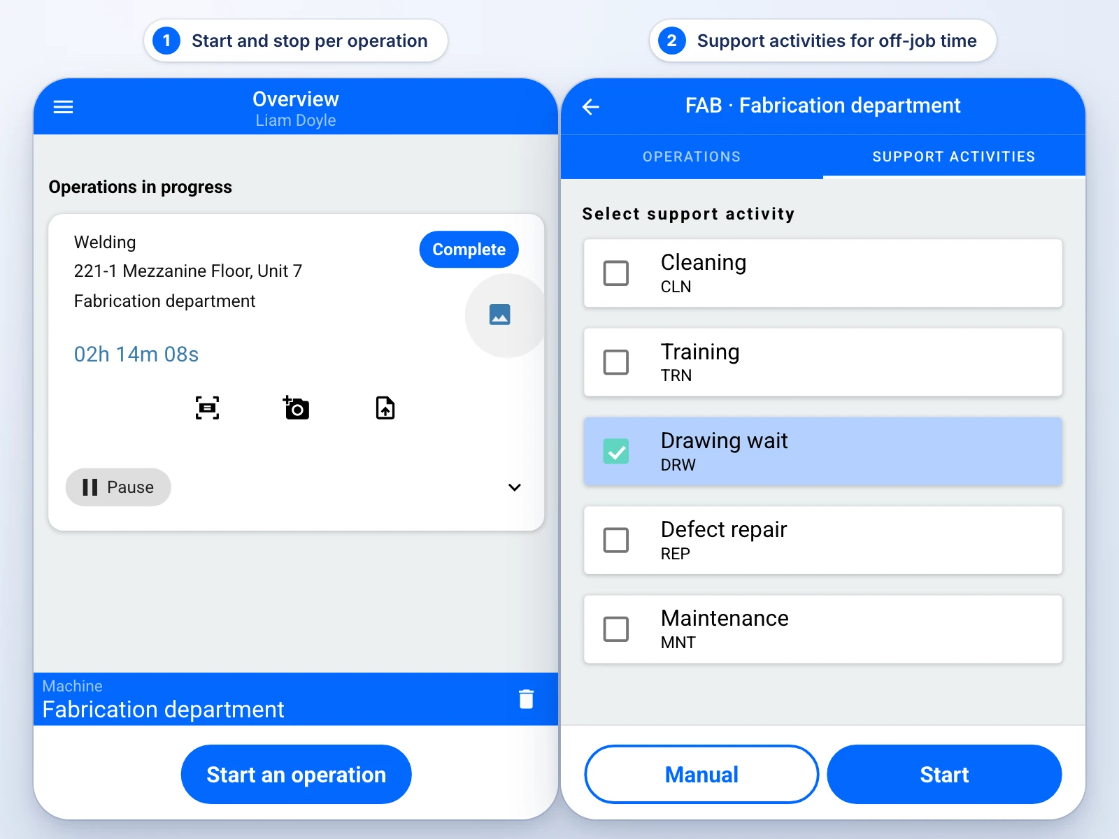 EZIIL mobile job tracking app showing a fabrication operation with start and stop buttons and the support activities tab