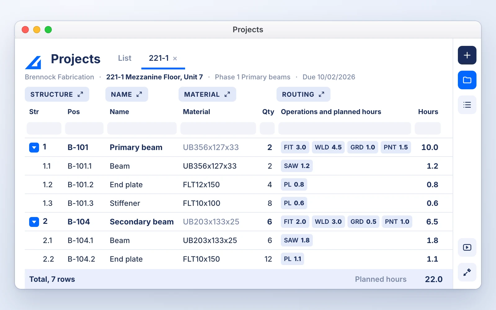 EZIIL bill of materials with operations and planned hours per assembly